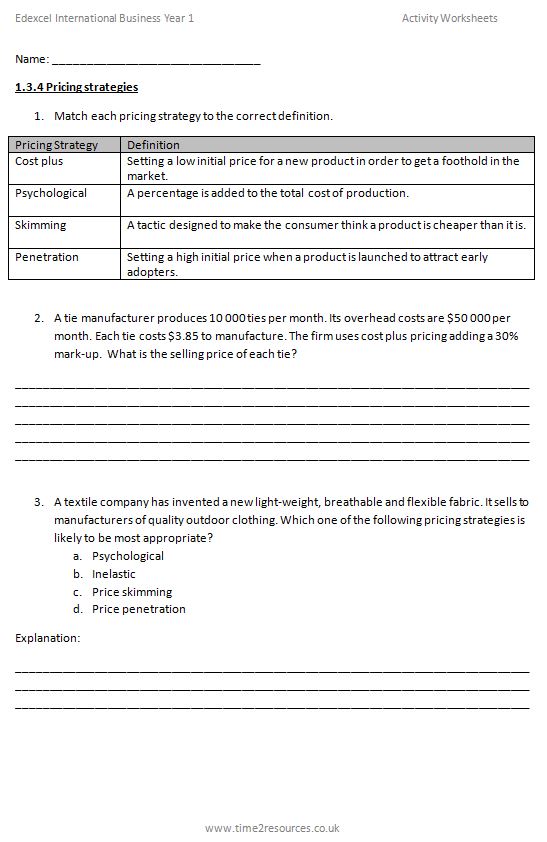 edexcel international a level business year 1 activity worksheets